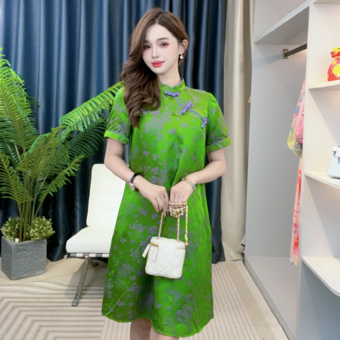 复古盘扣真丝连衣裙90098气质时尚绿色