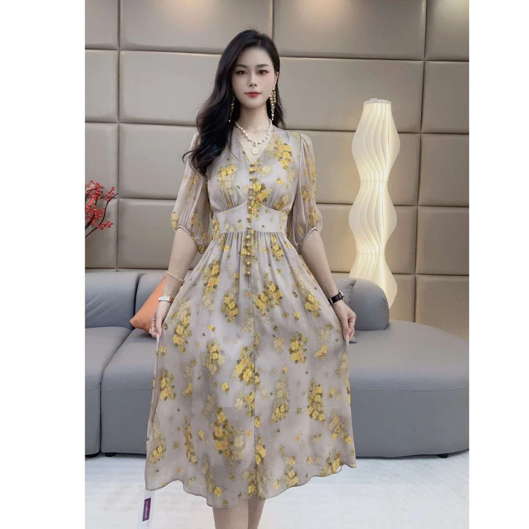 “金色年华”真丝连衣裙碎花显瘦气质时尚 90169