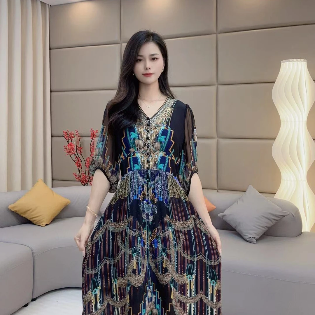"异域风情" 法式V领气质印花时尚遮肚收腰真丝连衣裙民族风 90216