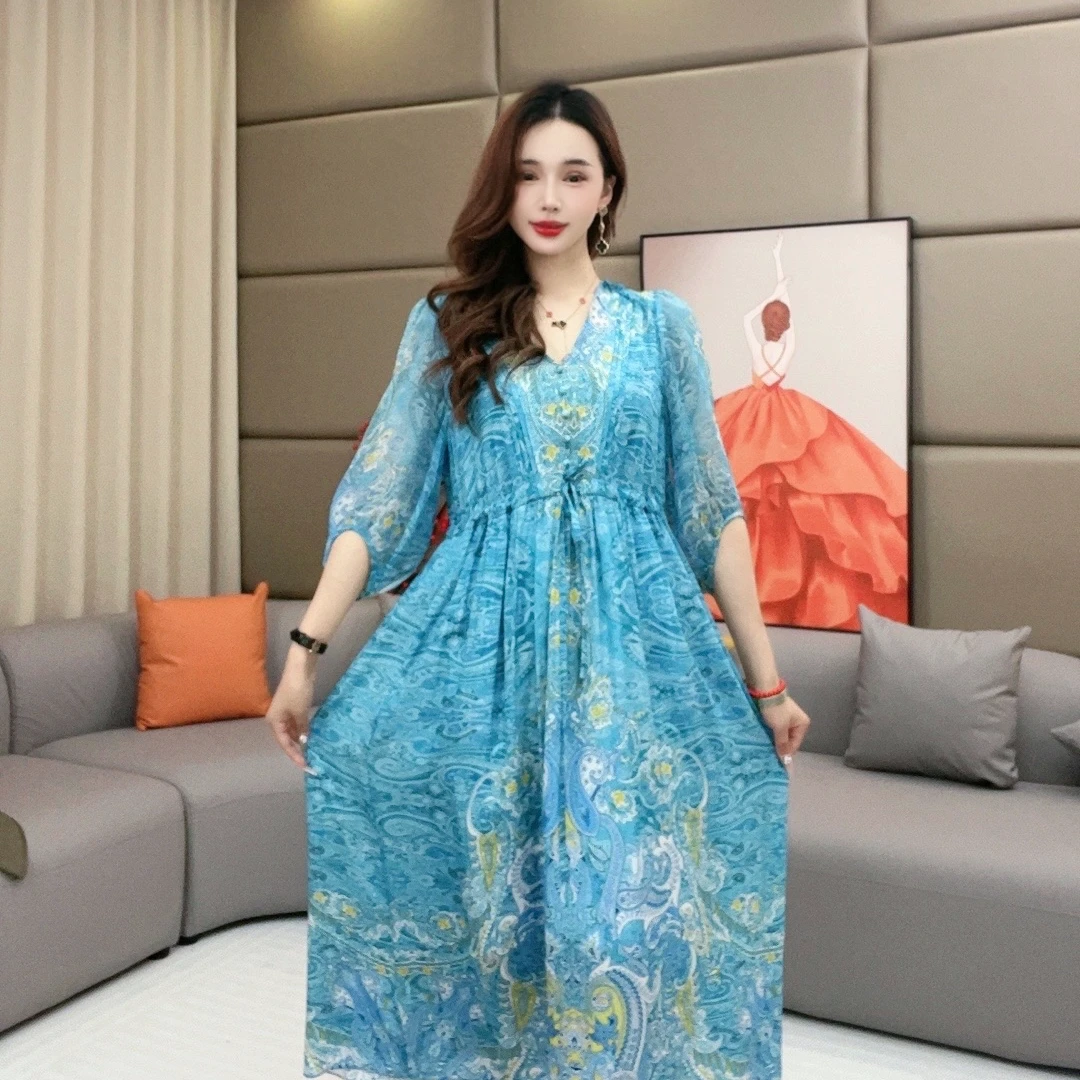 ‘’蓝色打条‘’真丝连衣裙90419气质轻奢时尚法式