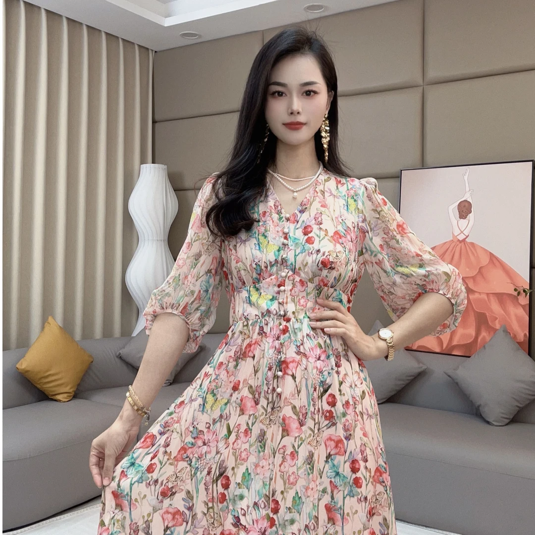 ‘’浪漫花海‘’ 法式V真丝连衣裙显瘦气质轻奢时尚修身收腰 90504