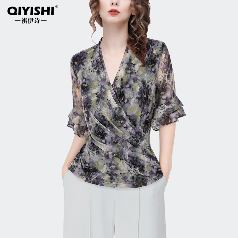 欧洲站夏季弹力印花网纱打底衫上衣女交叉v领短袖衬衣SE243172