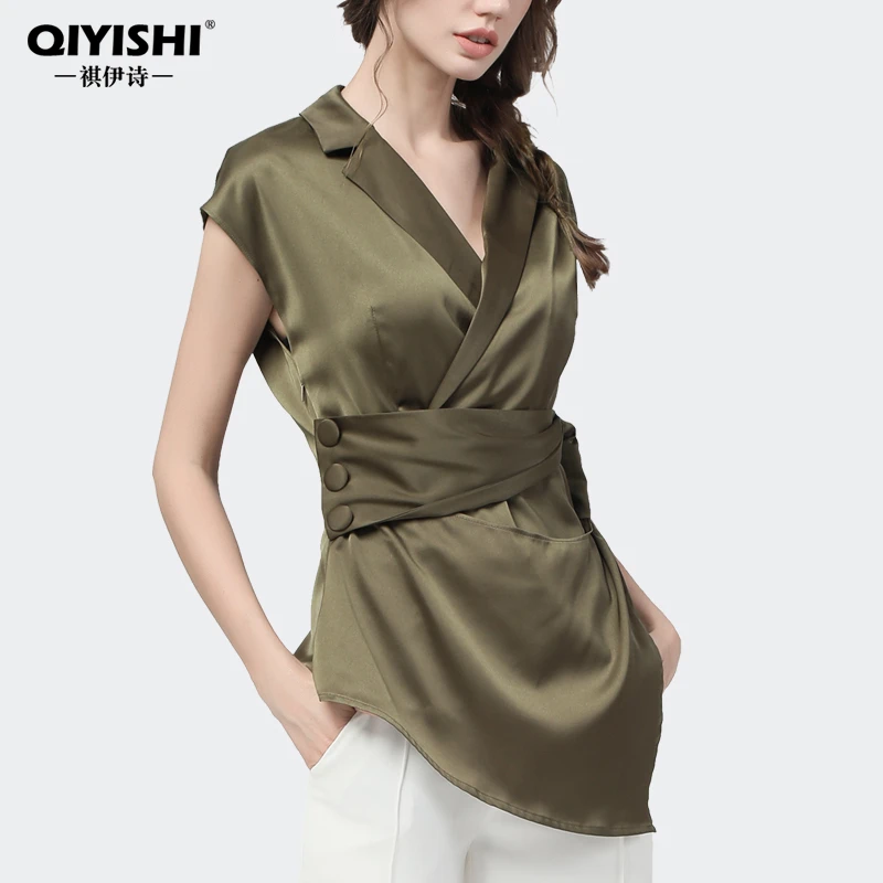 雪纺衫女夏季上衣v领短袖收腰不规则气质收腰洋气百搭衬衫SC15619