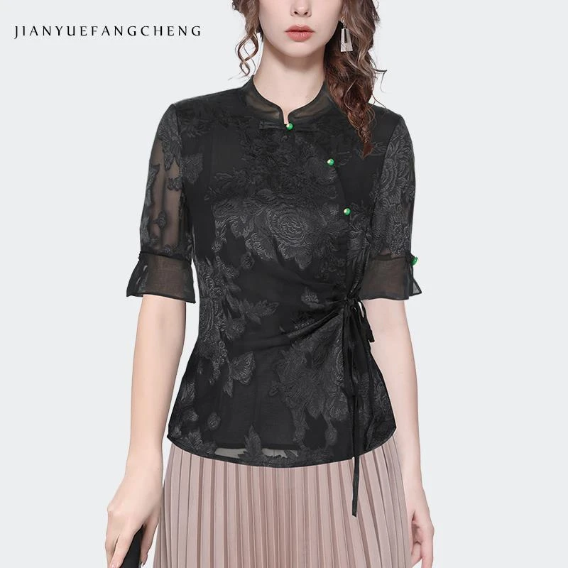 新中式国风设计夏短袖雪纺衫上衣女收腰打底衫衬衫显瘦SD242867