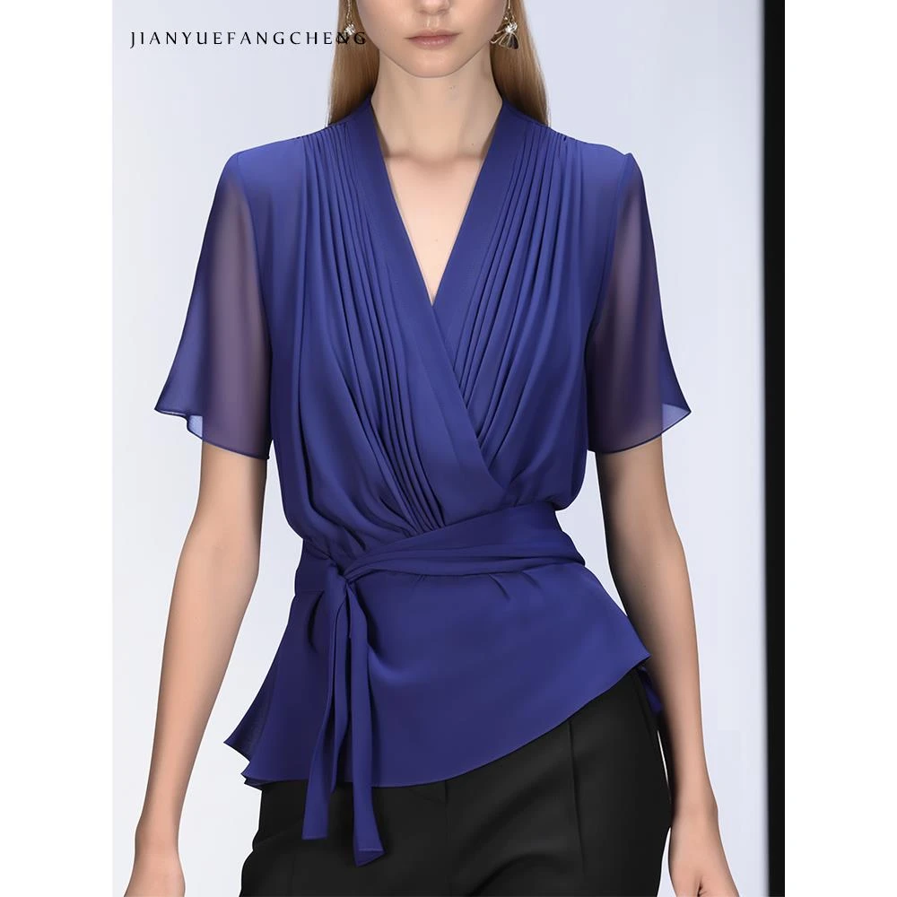 欧洲站夏季雪纺衫上衣女收腰短袖洋气V领打底衫别致衬衣SC242785