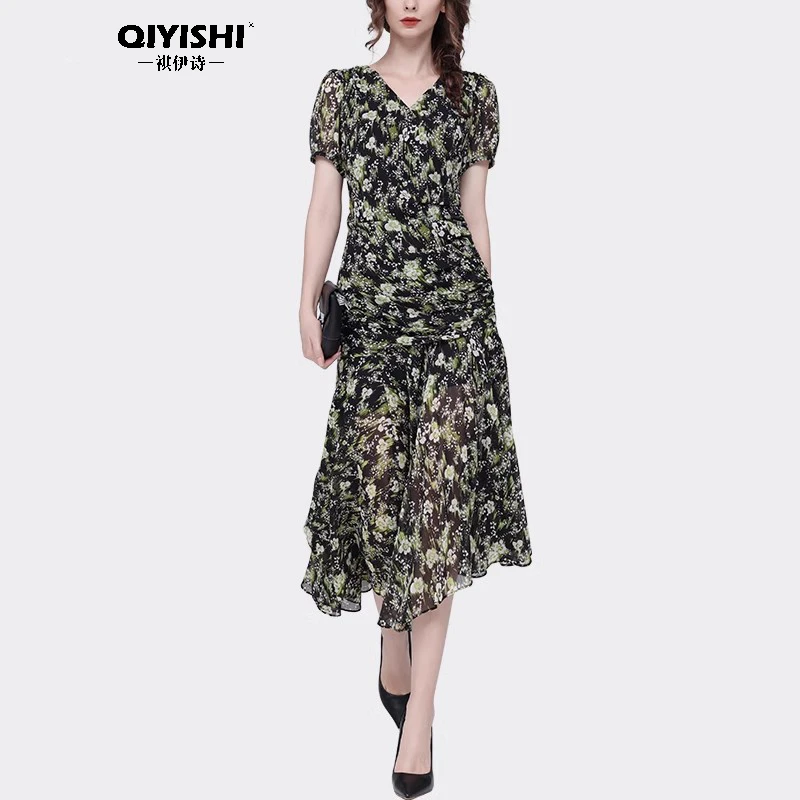 欧洲站2024夏季雪纺连衣裙女中长款小碎花设计感收腰裙子LE230008