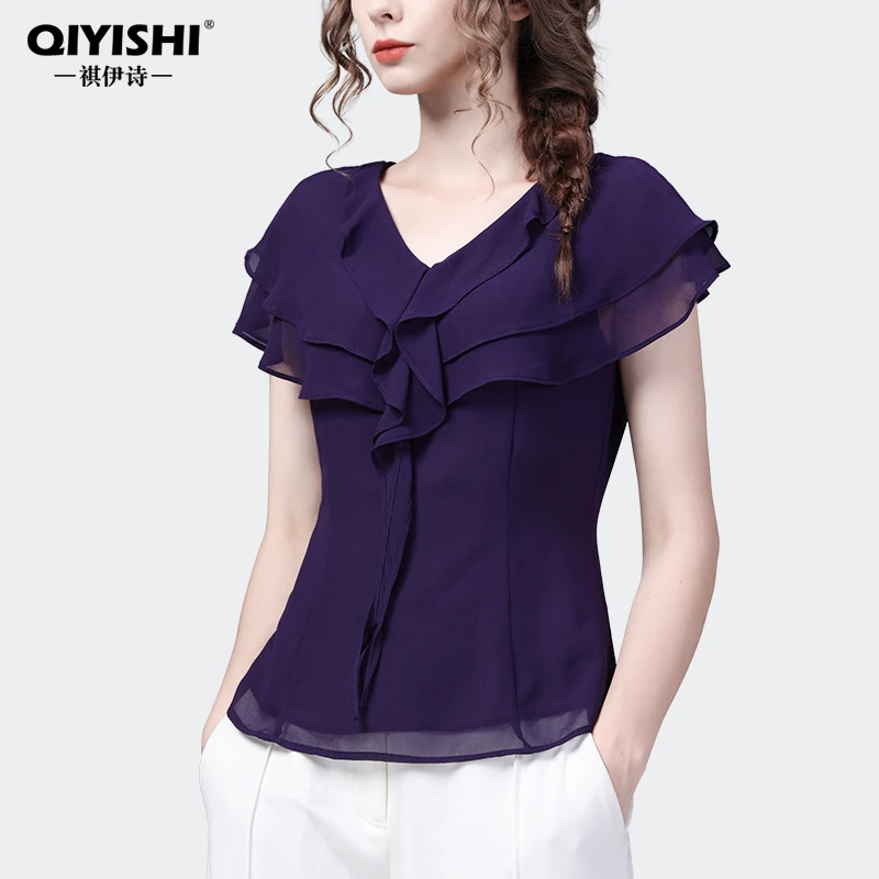 欧洲站夏季短袖小衫上衣女荷叶边紫色打底衫法式衬衫 SC23368