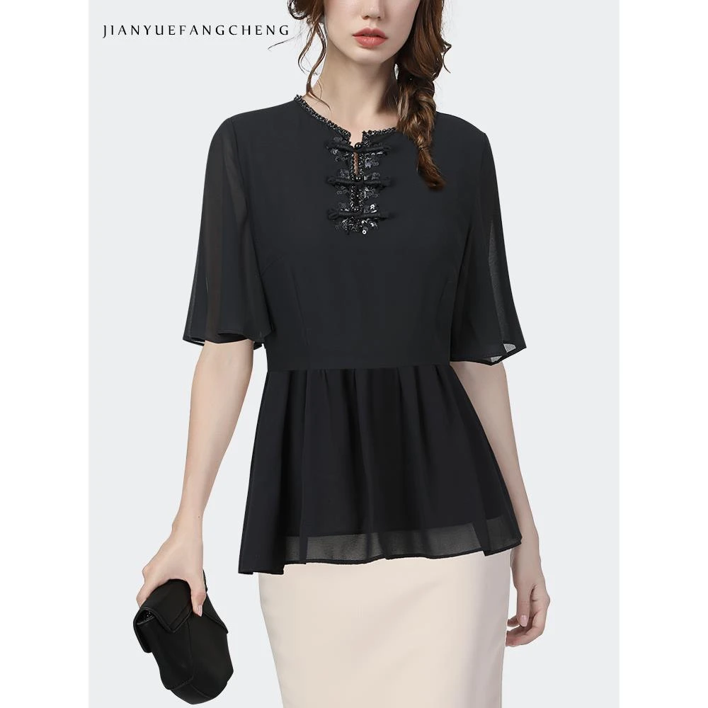 新中式国风改良款珠片盘扣设计雪纺衫2024夏短袖黑色衬衫SD242898