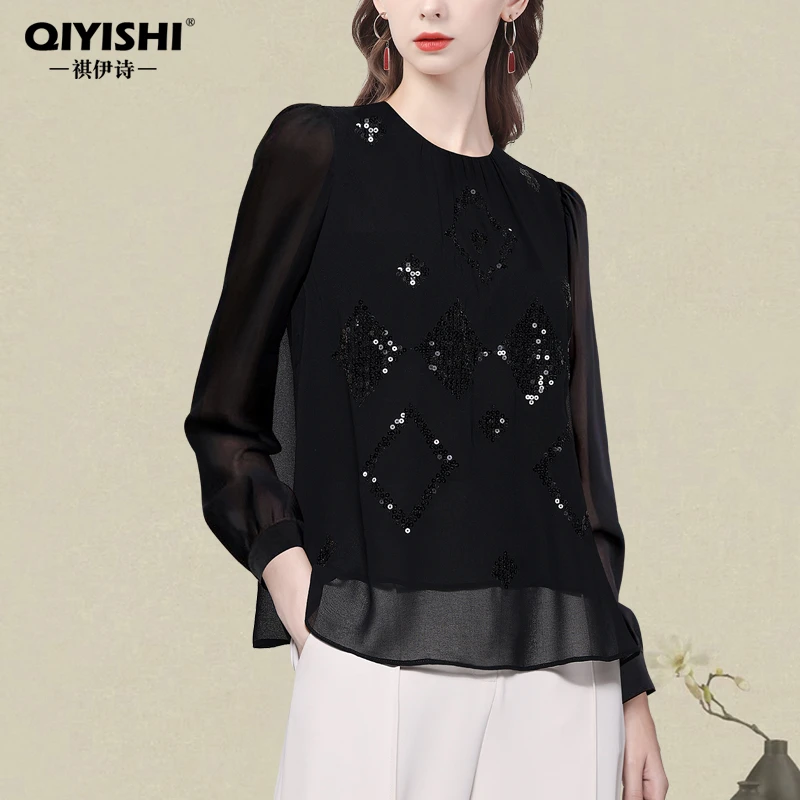 雪纺衫女长袖上衣气质绣花T恤小衫刺绣宽松遮肚子春夏季SC242592