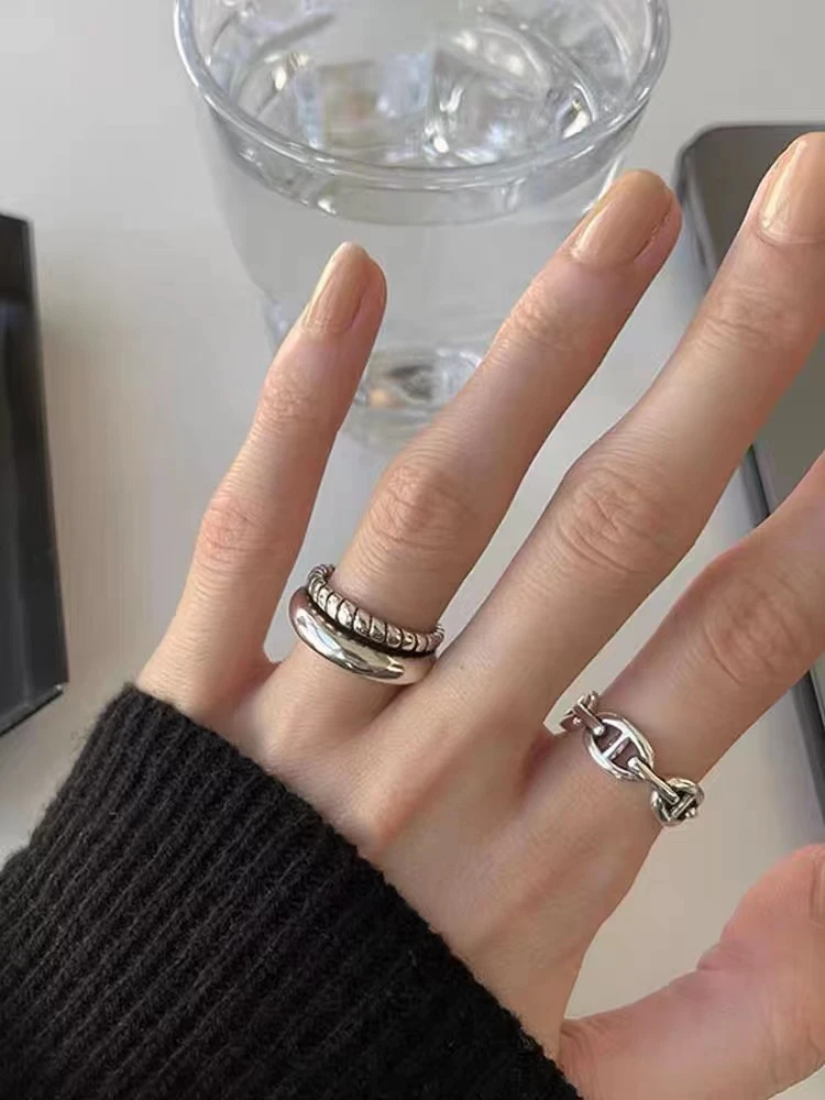 韩版设计极简扭纹双层戒指女时尚个性做旧猪鼻食戒指