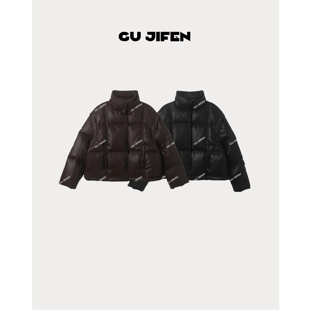 GU JIFEN｜皮酷博主｜PU皮立领方格宽松羽绒服 1398X55661
