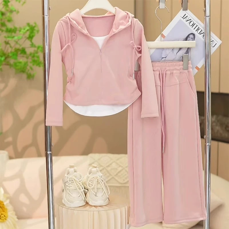 女童套装春秋2024新款儿童洋气连帽卫衣运动服时髦宝宝秋装假两件