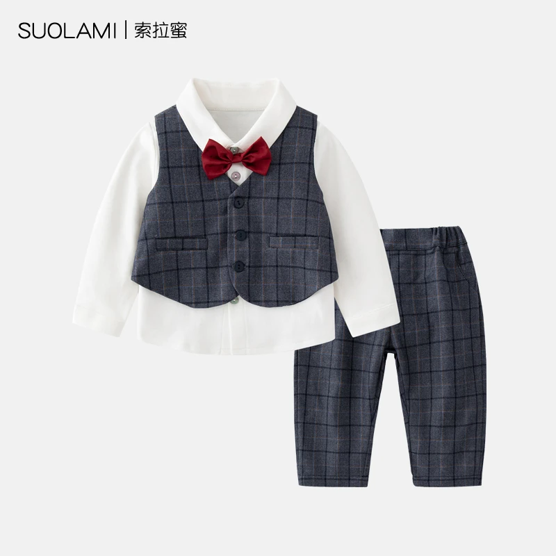 一周岁男宝宝生日宴会服春秋西装三件套小童绅士礼服婴儿棉外出服