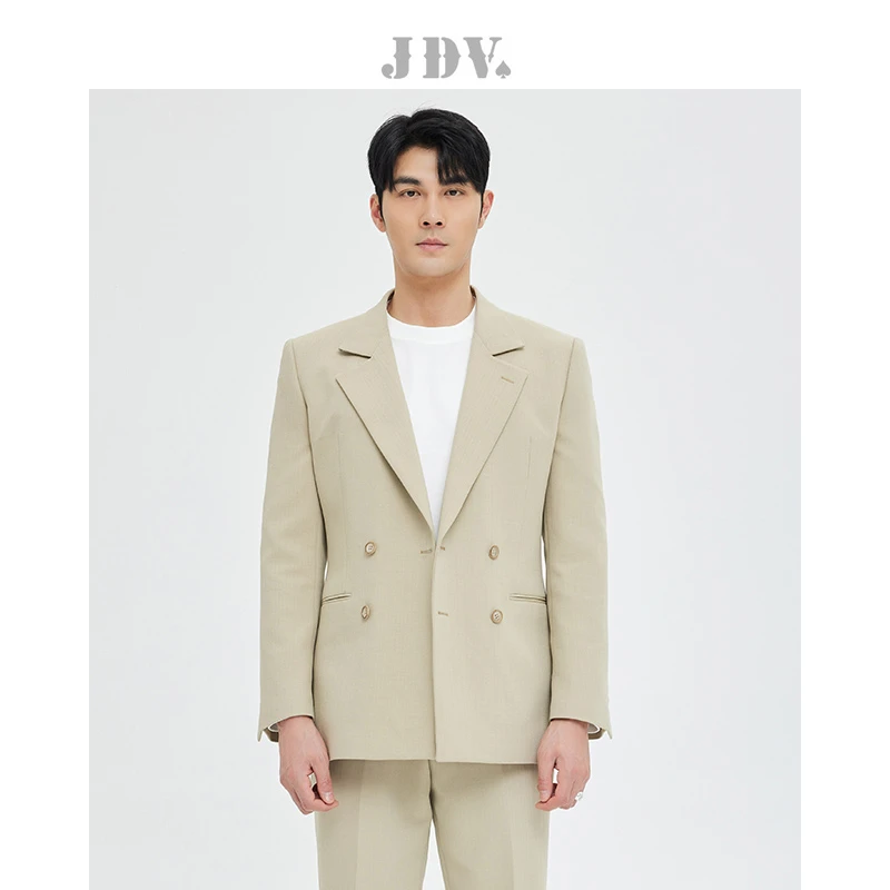 JDV男装春芥黄色职场正装西装双排扣平驳领西服质感外套SMM3906