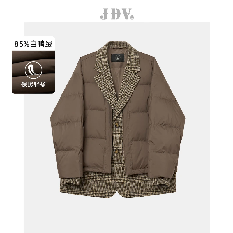 JDV男装2023商场同款秋冬新款棕色格纹羽绒服夹克保暖廓形外套