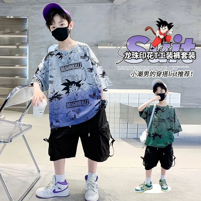 【扎染卡通短袖套装】男童夏装套装中大童洋气酷帅工装短裤两件套潮