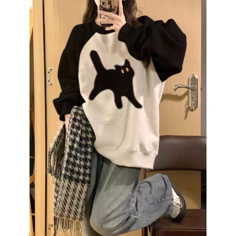 慵懒风小个子插肩袖拼色宽松百搭加绒薄款卫衣女长袖