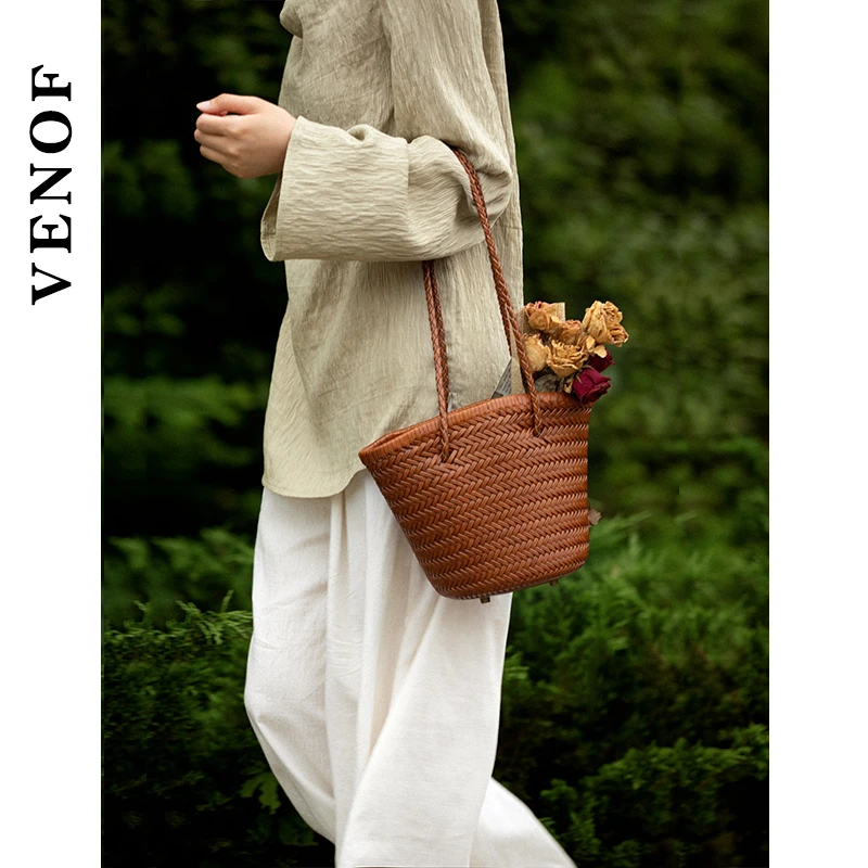 维洛芬手提菜篮子休闲单肩斜跨送生日礼物高级感真牛皮旅游出行包