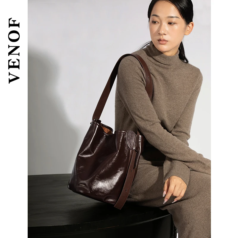VENOF/维洛芬水桶包女士斜挎真牛皮单肩大包大容量通勤托特包