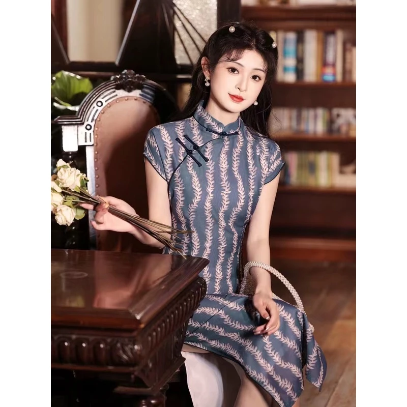 0551 蓝色 半开襟 麦穗 旗袍