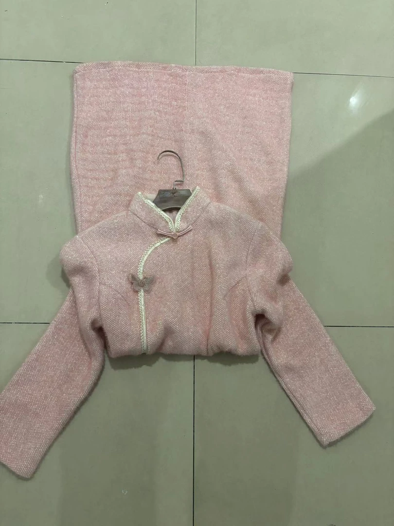 1249 粉色  中长款 立体蝴蝶 一字扣 旗袍【没有流苏】