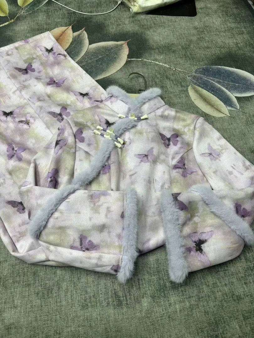 1534 紫色 紫毛领 绕袖 【紫蝶】 旗袍