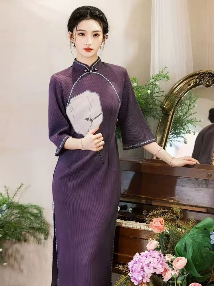 1486 紫色 美玲襟 圆对扣 【紫雪花】 旗袍