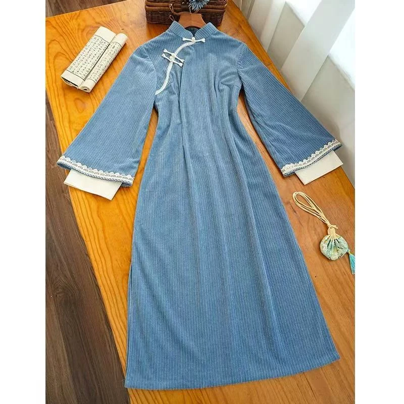 1469 蓝色 条纹 钉珠白花边 【风铃蓝】 旗袍