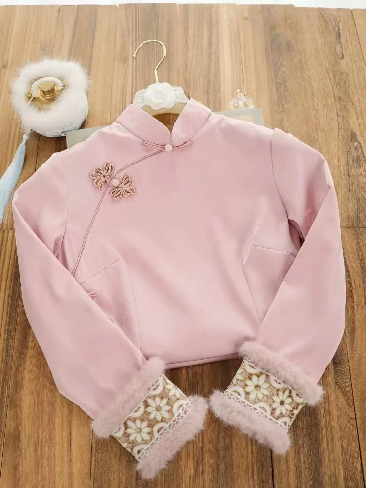 J 1278 粉色 暗纹竹叶熊猫 素板 加绒 旗袍