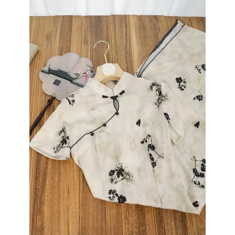 0903 【墨韵】水滴领 燕尾珠珠扣 黑花+晕染长款 旗袍