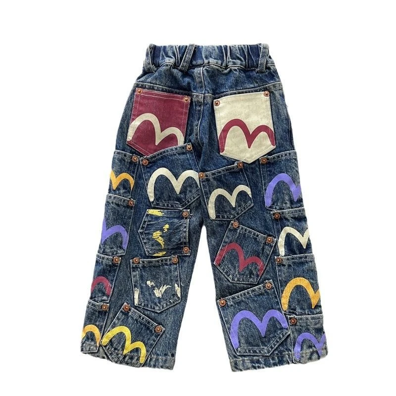 古德家日系童装中古潮款小众儿童牛仔裤重工版亲子装裤子蓝色女童