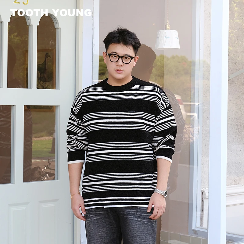 郑一爱穿搭  条纹显瘦保暖宽松大码男装秋冬圆领长袖毛衣