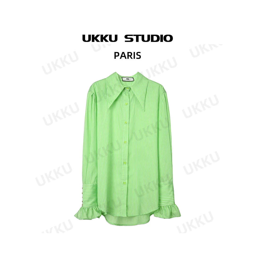 周婧【UKKUSTUDIO】早春小众设计感粉色条纹扣袖衬衫轻奢上衣211663