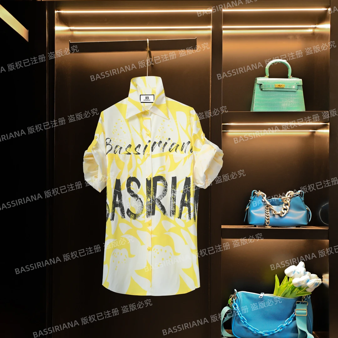 【BASSIRIANA】小众复古泼墨设计感短袖碎花字母休闲衬衫女312309