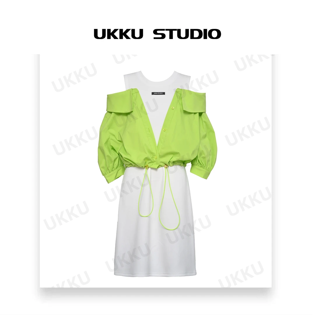 ZJ【UKKUSTUDIO】夏季白荷叶单排扣腰带衬衫设计感连衣裙312140