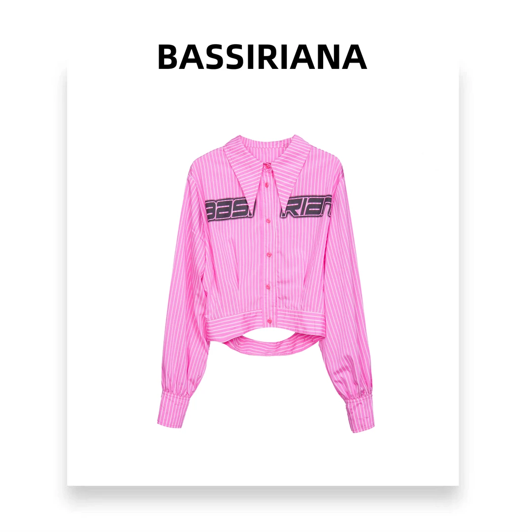 康妮【BASSIRIANA】夏季修身设计衬衫时尚百搭翻领条纹衬衫211021