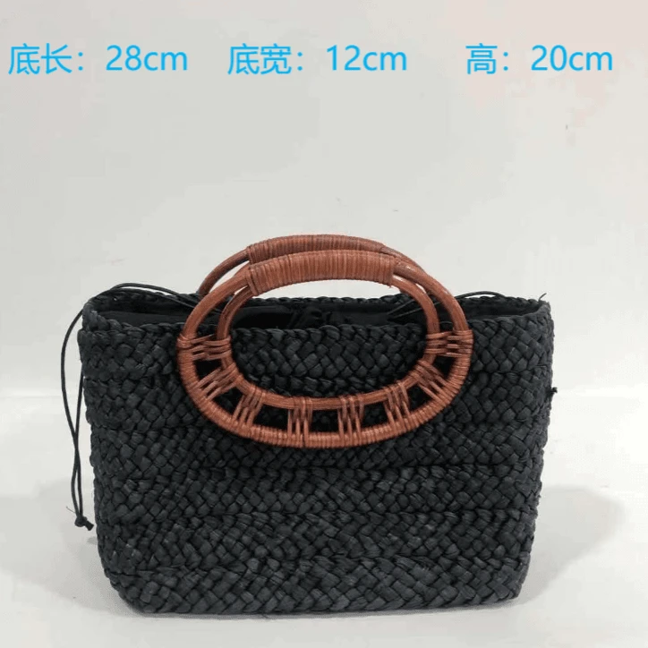 【新】黑色玉米皮编织藤条把手手提包