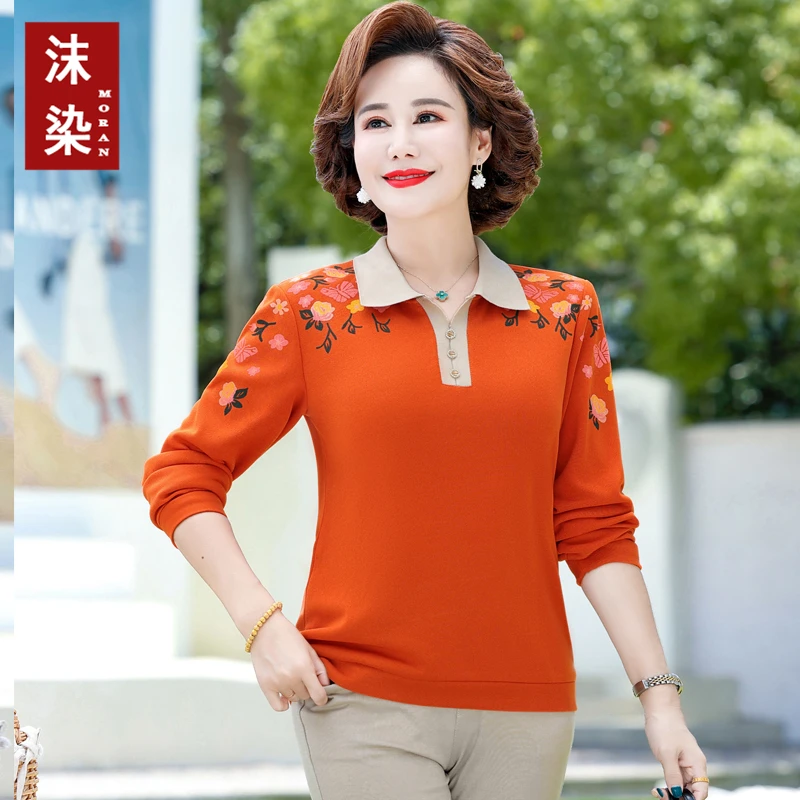 春秋新款妈妈装翻领长袖针织洋气小衫中年中老年时尚女装宽松上衣