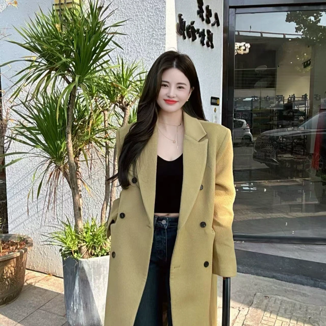 韩系垫肩小阔肩长款风衣外套（现货）  网红时尚百搭小阔肩长款风衣