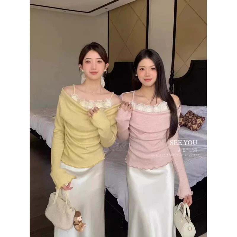 假两件花朵荡领长袖t恤女秋冬季法式温柔木耳边收腰显瘦打底上衣