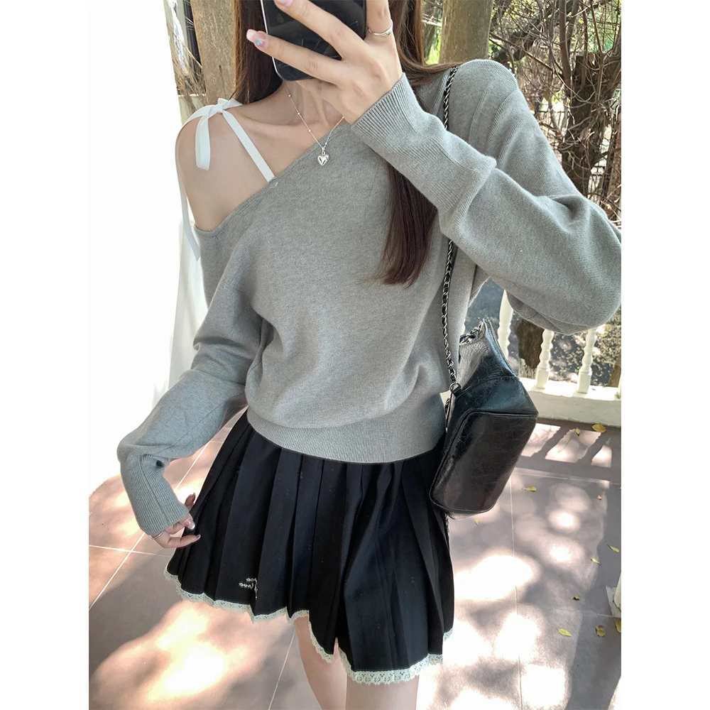 miu系灰色高级感一字领斜肩针织衫女早秋小个子修身显瘦正肩上衣