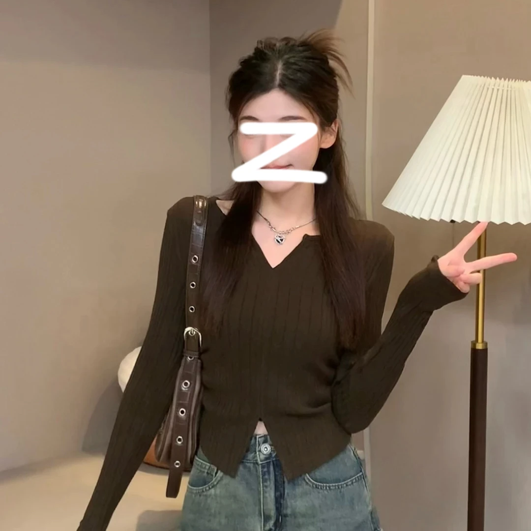 法式V领长袖针织衫女2024秋季新款修身内搭打底衫小个子短款上衣