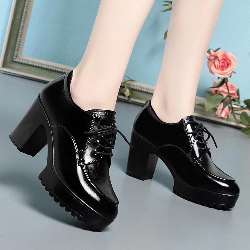 春秋新款深口单鞋防水台高跟鞋粗跟软底圆头走秀女鞋系带黑色皮鞋
