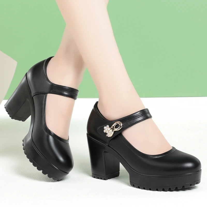 妈妈鞋春季新款软皮高跟鞋女不累脚粗跟厚底防水台高跟旗袍走秀鞋