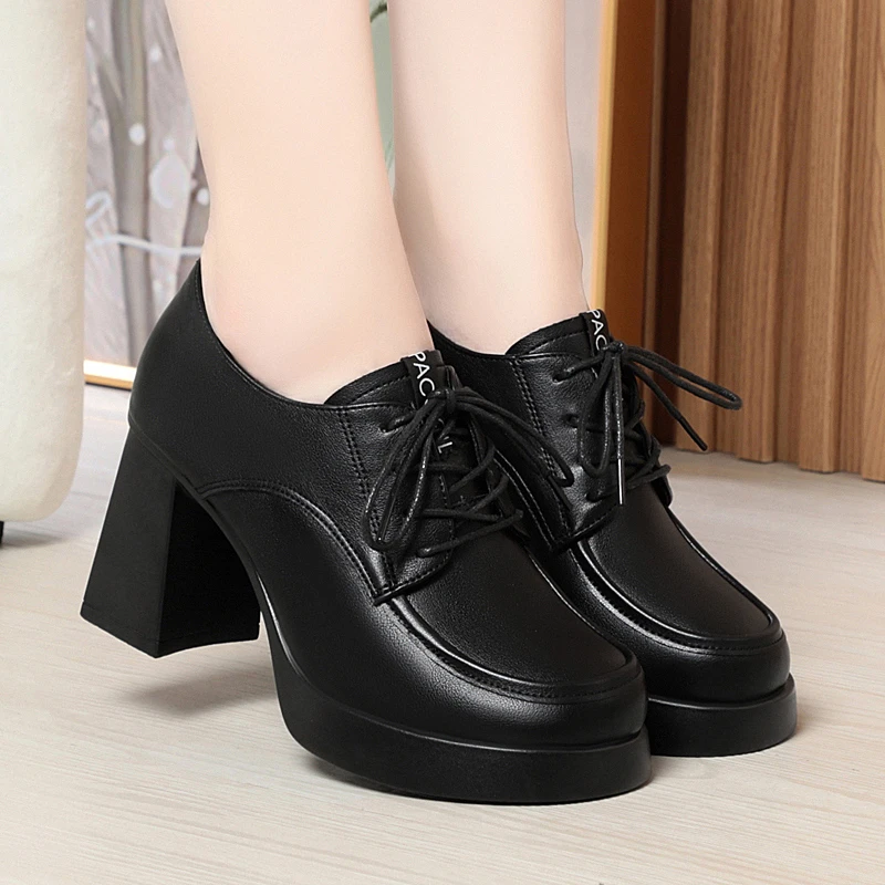 妈妈鞋春秋防水台高跟鞋粗跟厚底中年女士皮鞋黑色圆头深口工作鞋