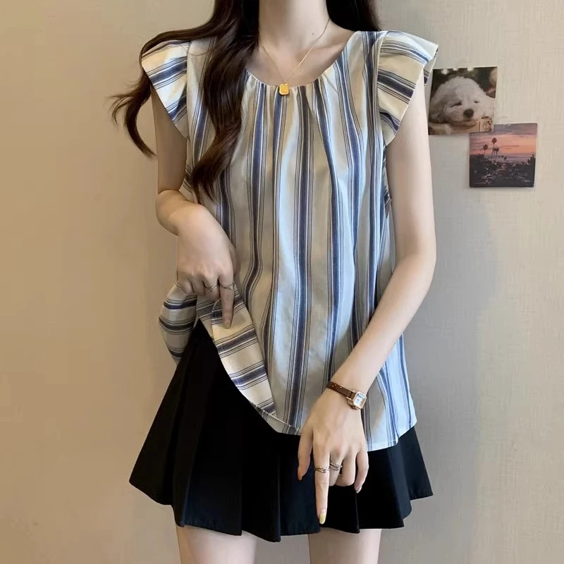 大码女装韩版竖条纹飞飞袖背心衬衫夏季胖mm百搭显瘦洋气上衣女