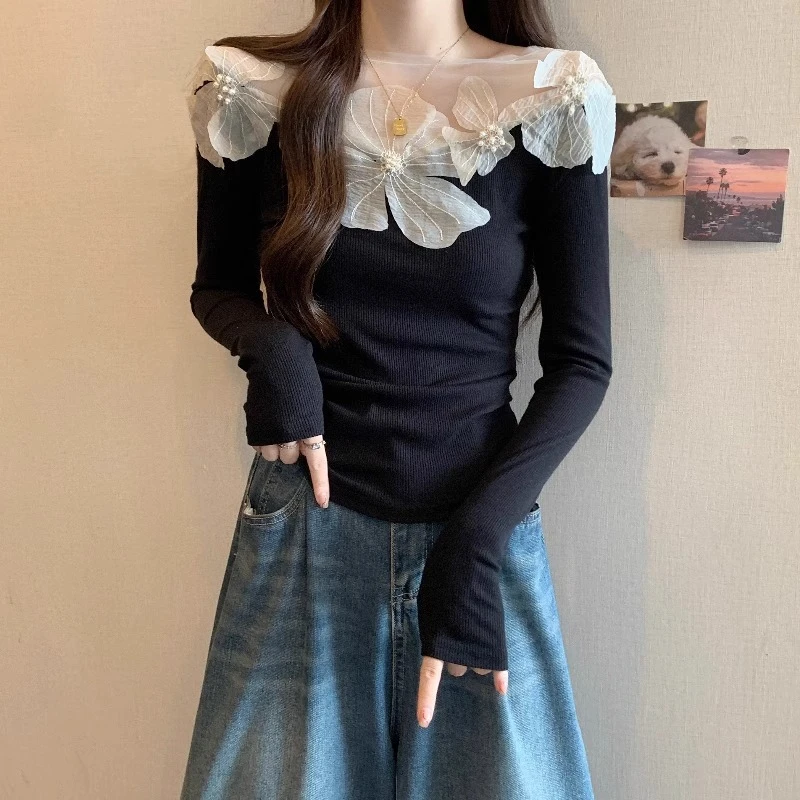 法式立体花朵一字肩针织衫女秋冬新款大码胖mm打底衫网纱拼接上衣