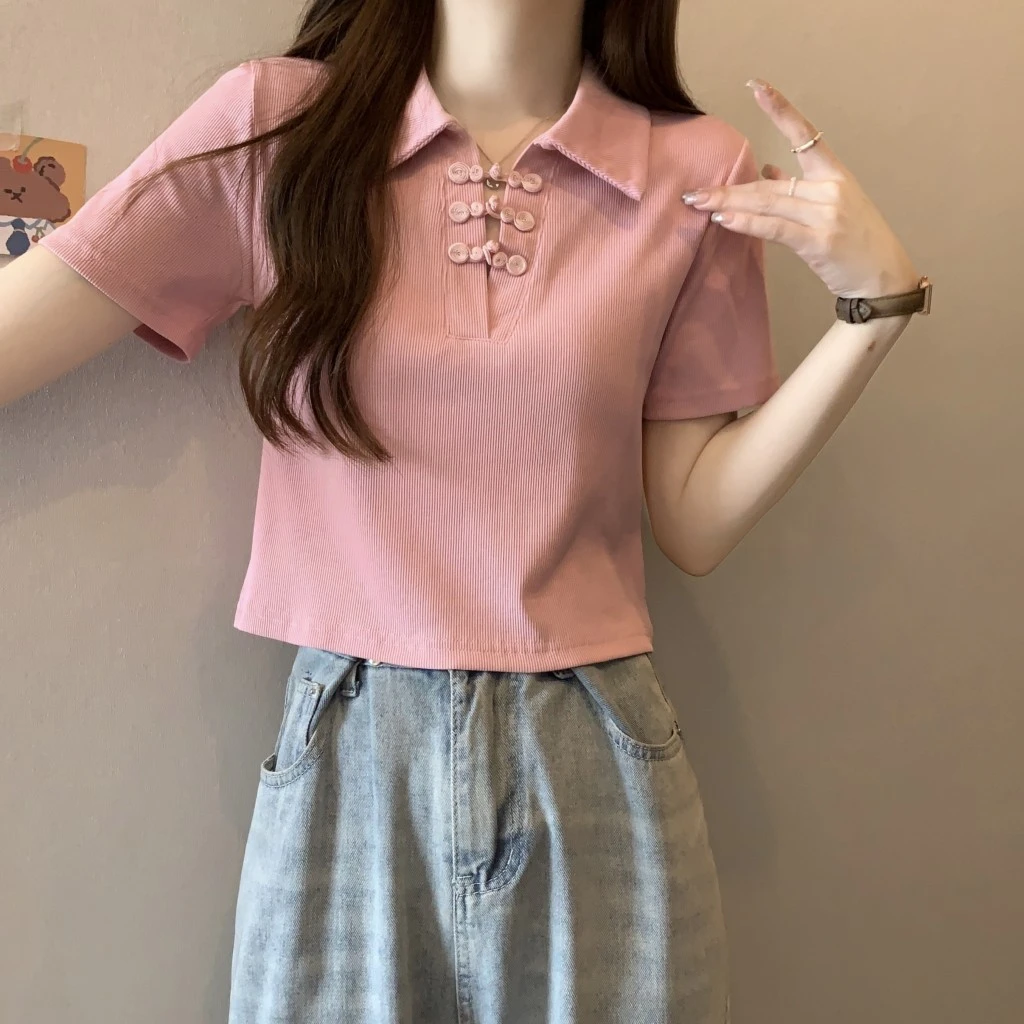 大码国风盘扣短袖t恤女夏季新款中式胖mm显瘦短款正肩Polo领上衣