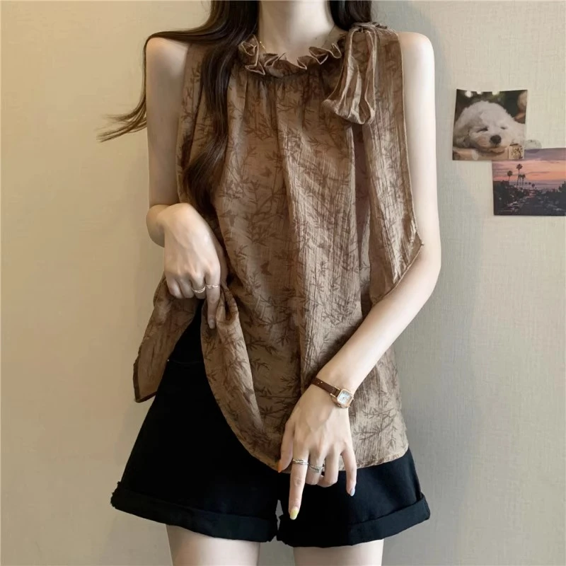 新中式国风提花雪纺吊带背心女外穿夏大码胖mm遮肚娃娃衫挂脖上衣