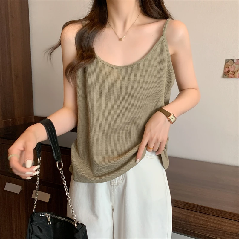 大码女装遮肚子华夫格吊带背心女夏季胖妹妹宽松显瘦内搭无袖上衣